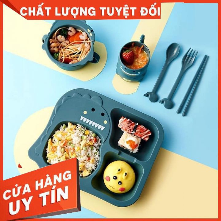 Combo Khay ăn dặm lúa mạch hình khủng long cho bé  - Chất liệu : Nhựa PP + bột ép từ cây lúa mạch. Chịu