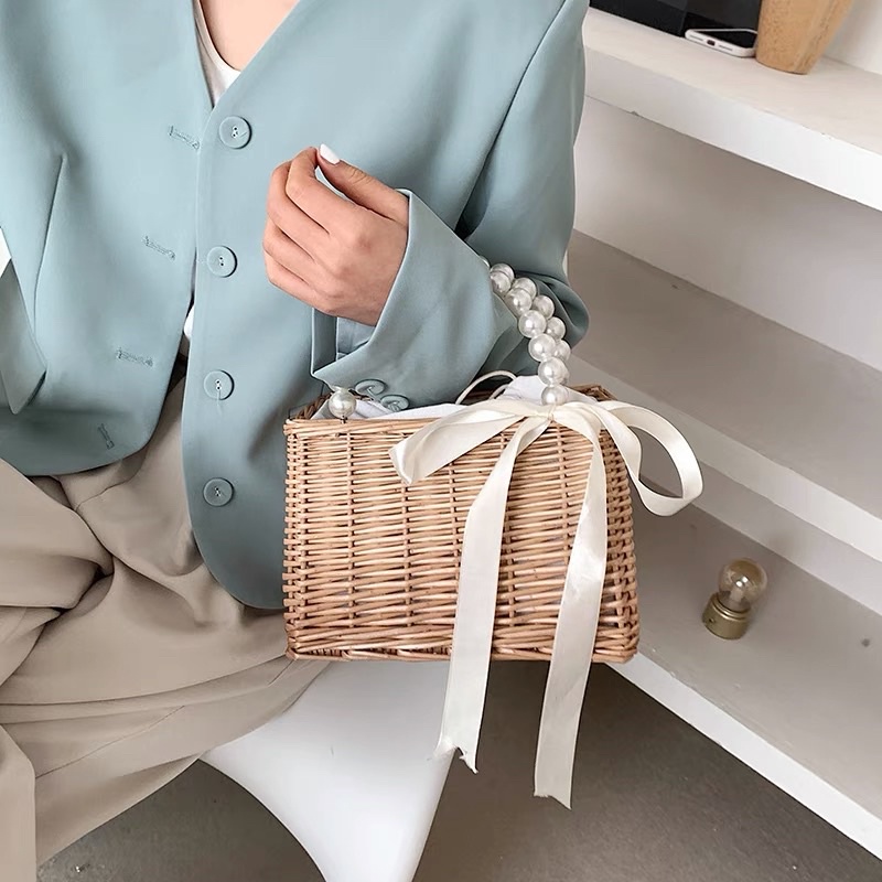 Túi Cói Mây Đan Dáng Vuông Vintage TIỆM CÓI XINH Siêu Hot Đi Biển