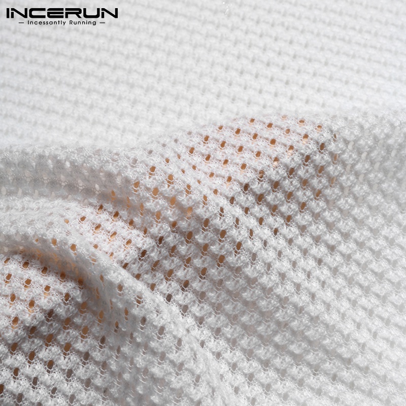 Áo INCERUN dáng mỏng tay ngắn thiết kế khoét lỗ xuyên thấu thời trang đơn giản dành cho nam