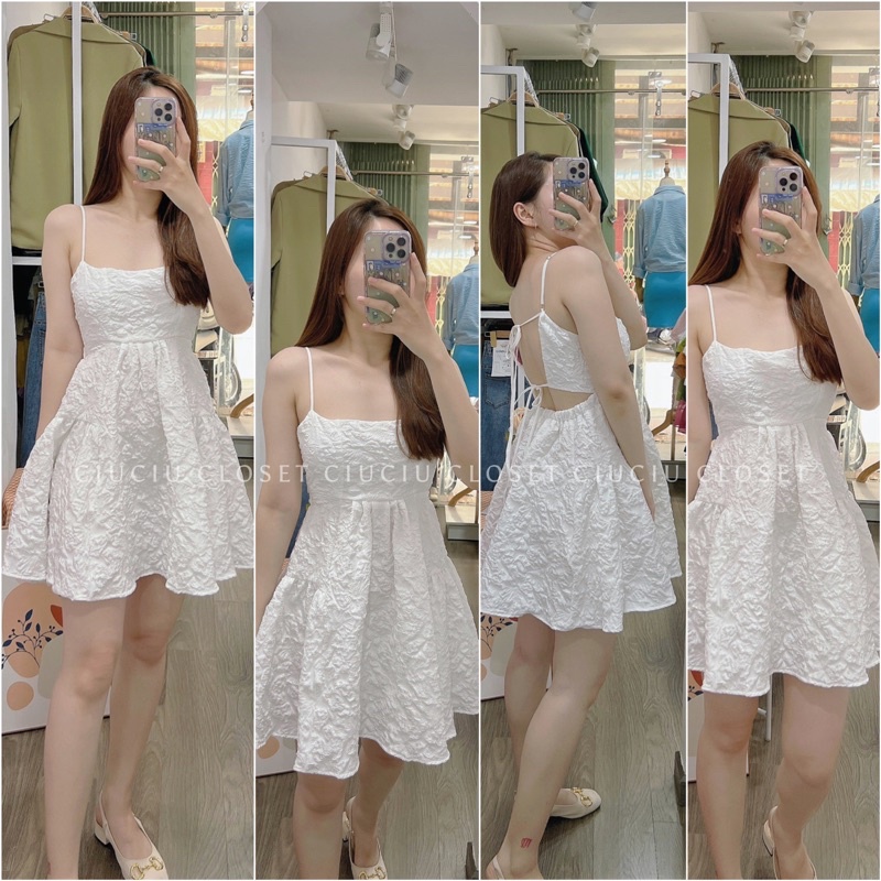Đầm 2Dây Hoa Nổi Cut Out Lưng Dáng Xoè