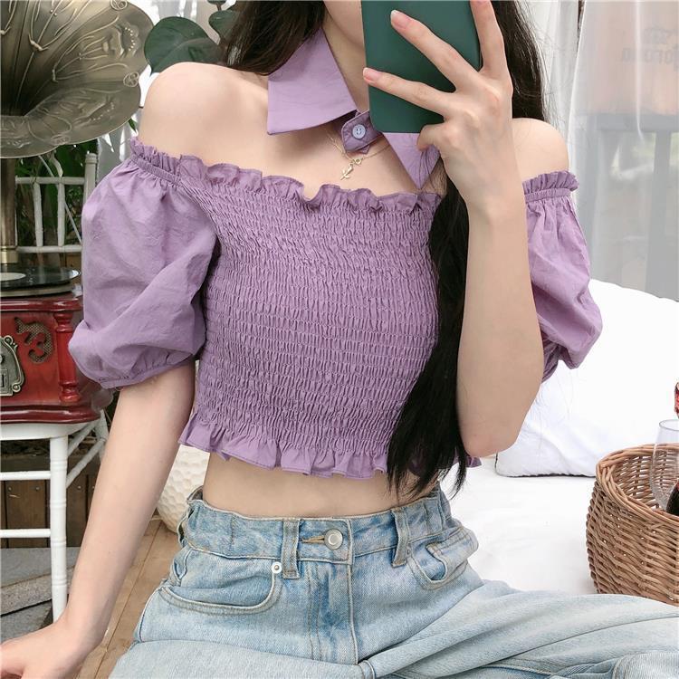 Áo Sơ Mi Tay Ngắn Phồng Trễ Vai Màu Tím Phong Cách Hàn Quốc Thời Trang Mùa Hè Mới Cho Nữ