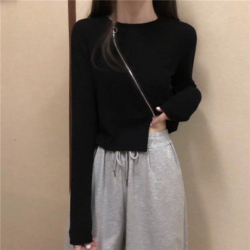 Áo Thun Croptop Kéo Khóa Tay Dài Màu Trơn Co Dãn Phong Cách Hàn Quốc