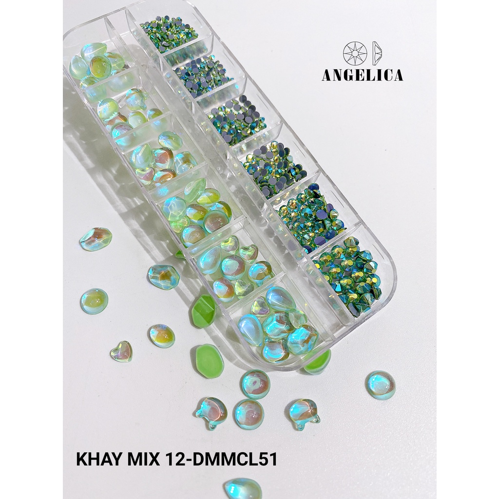 Khay Đá Mắt Mèo Mix Đá Chân Lưới, Chân Keo Đính Nail Màu Pha Lê Trang Trí Móng ANGELICA M12-DMMCL