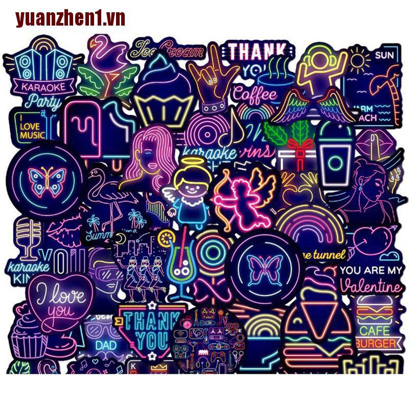 1 [Yuanzhen] 50 Miếng Dán Chống Thấm Nước Màu Neon Trang Trí Laptop Ván Trượt Guitar Guitar