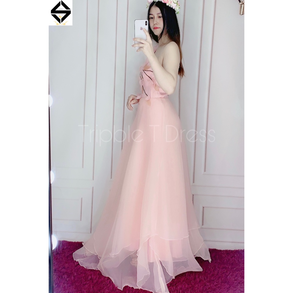 Đầm maxi dự tiệc tà chéo phối cánh hoa nổi TRIPBLE T DRESS -size M/L (kèm ảnh/video thật) MS320V