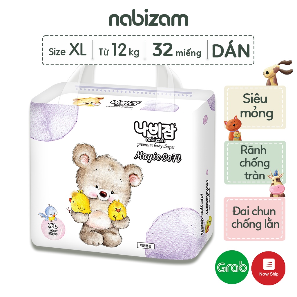 Tã/Bỉm Dán Nabizam Magic Soft Nội Địa Hàn Êm Mỏng, Siêu Thấm Hút Size XL Cho Bé Trên 12kg, 32 Miếng