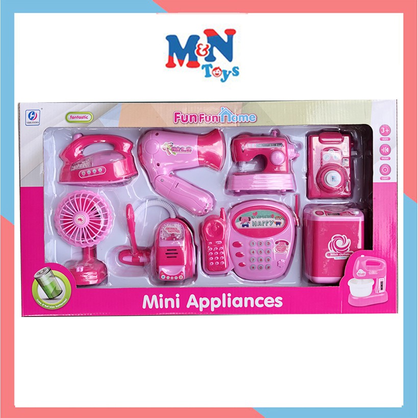 Đồ chơi đồ dùng gia đình 8 món có nhạc, đèn và hoạt động (máy giặt, bàn là, máy sấy, máy hút bụi, máy ảnh, quạt, máy may