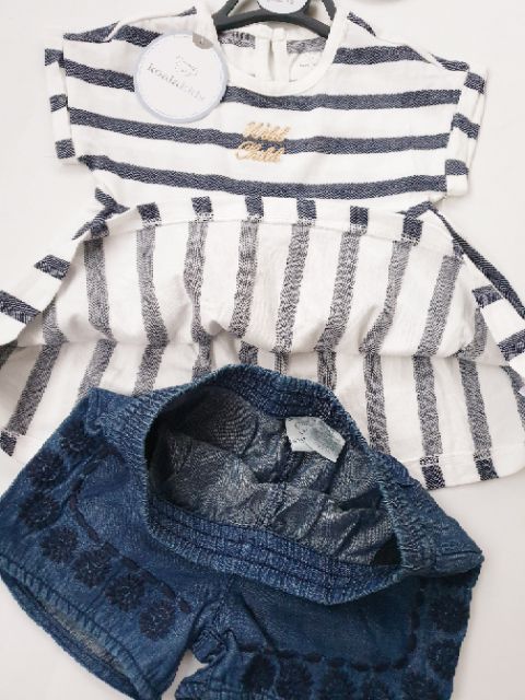 Set bộ Koala áo váy kẻ quần jean thêu