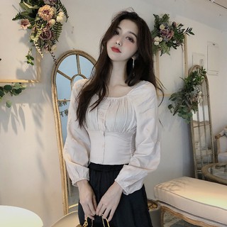 Áo sơ mi tay dài cổ vuông bo eo xinh
