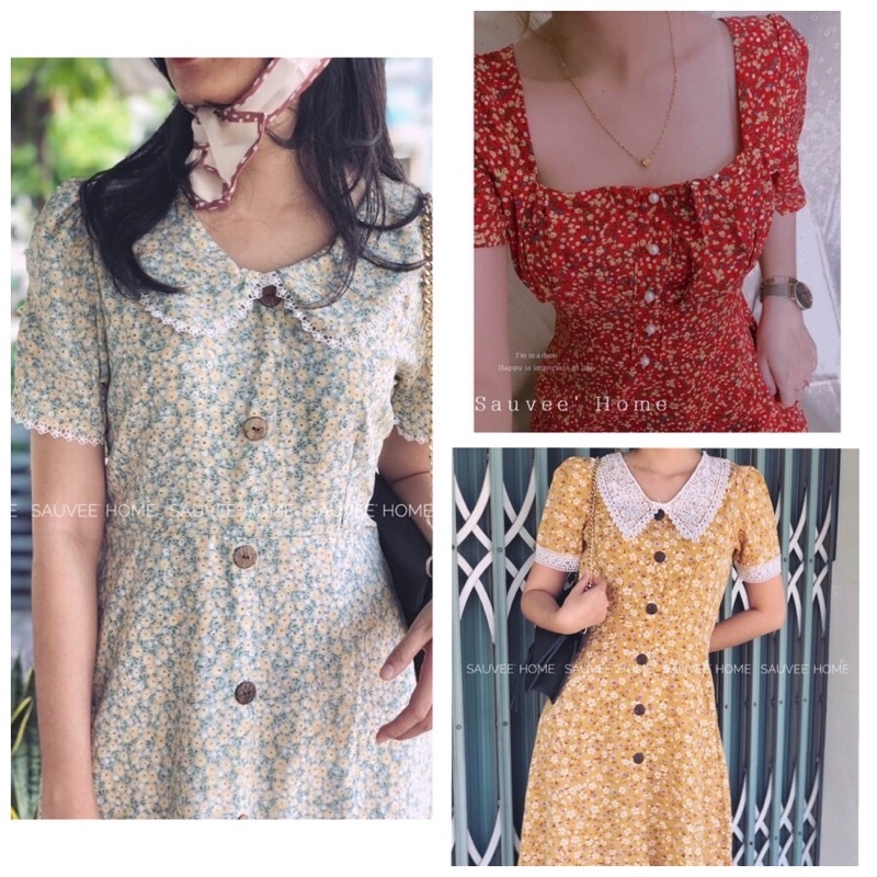 Đầm hoa phối tay cổ ren