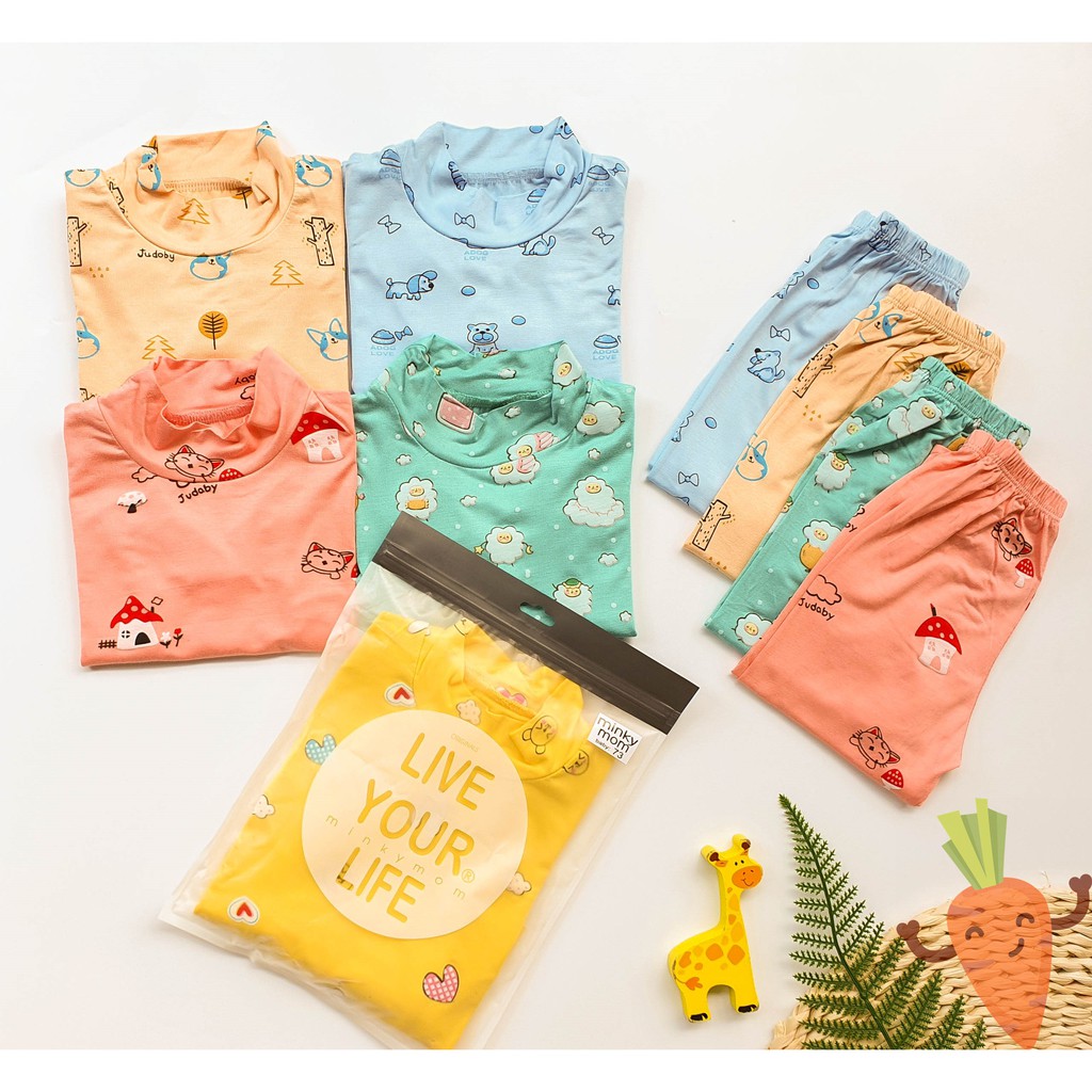 Sale !!! Bộ Dài Tay Minky Mom Cổ Cao 3p Chất Thun Lạnh Họa Tiết Dễ Thương Cho Bé MKM15