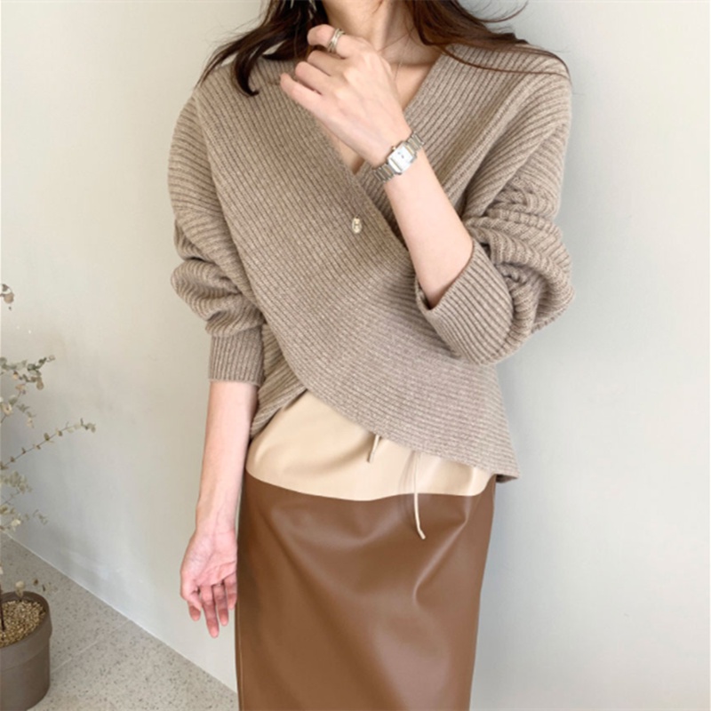 Áo sweater SUXI tay dài cổ chữ V dáng rộng phong cách Hàn Quốc