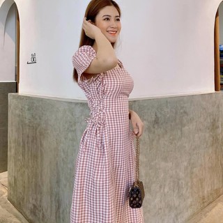 Đầm váy caro hồng đan dây eo