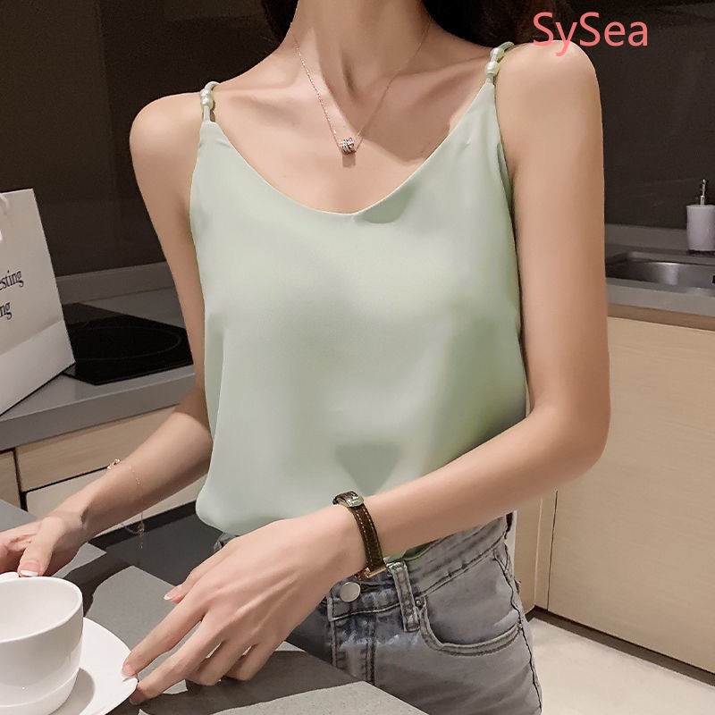 Áo Voan Hai Dây Đính Ngọc Trai Thời Trang Mùa Hè Pháp Cho Nữ