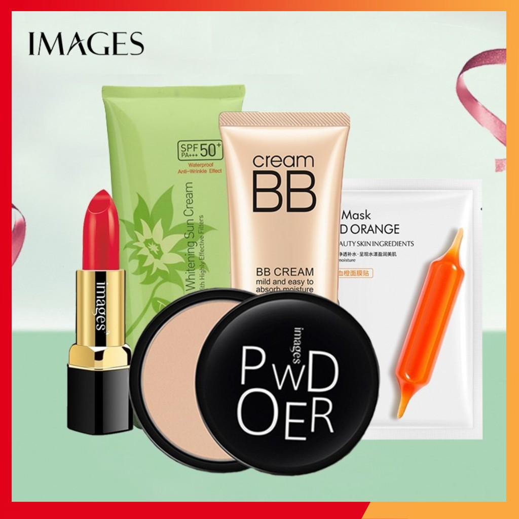 Bộ trang điểm IMAGES Son môi + Kem BB + Phấn phủ + Kem chống nắng + Mặt nạ dưỡng trắng ZD-BTD09
