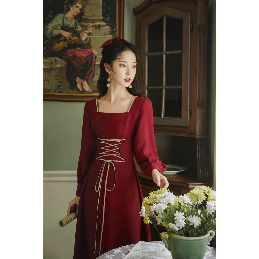 Váy đầm thiết kế vintage classic cổ điển retro màu đỏ tiểu thư dáng xòe dài quá gối đan dây cổ vuông bigsize công sở