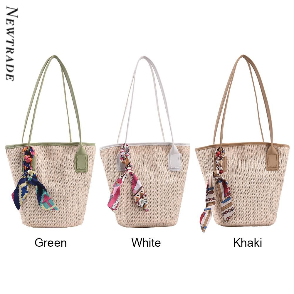 Women Summer Woven Silk Scarf Bucket Shoulder Bag Large Handbags