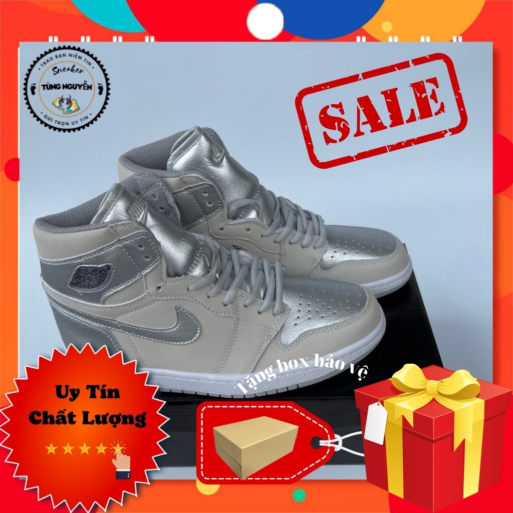 Jordan bạc cao, giày sneaker thể thao, full phụ kiện, da nhăn đế khâu
