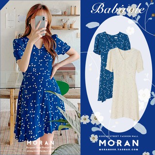 (ORDER) Váy MORAN cộc tay xòe ngắn hoa nhí cổ V đơn giản màu xanh dương style retro Hàn Quốc (MẪU _MỚI_2020)