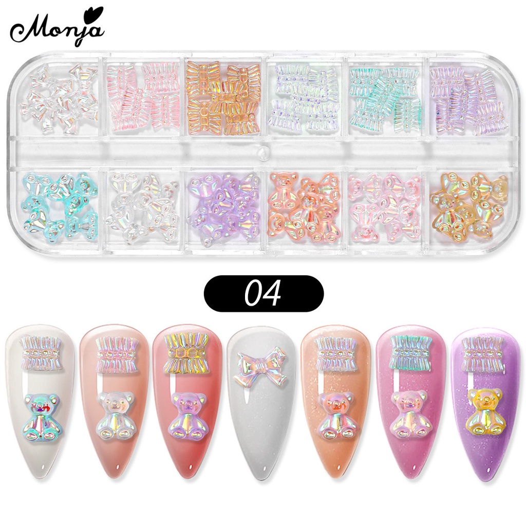 MONJA Phụ Kiện Trang Trí Móng Tay Nghệ Thuật 3D Nhiều Màu Sắc Hình Nơ/Gấu/Hoa Trà/Hoa Trà Lấp Lánh Xinh Xắn