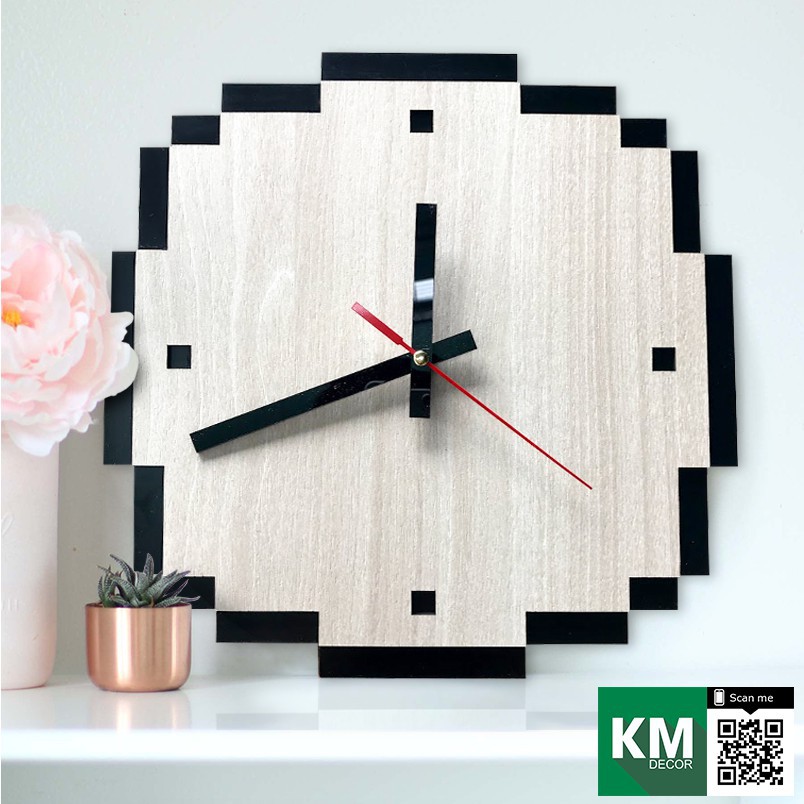 Đồng hồ treo tường decor phong cách pixel bằng gỗ cắt laser KMDH04 [TRANH TREO CÔNG TY]