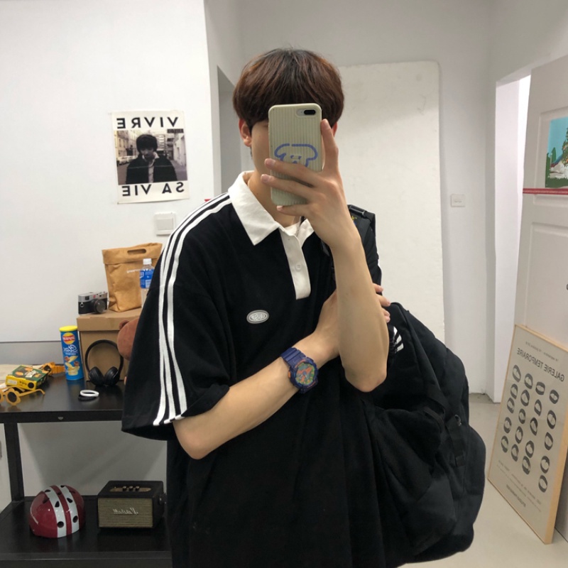 Áo Thun Polo Ngắn Tay Dáng Rộng Họa Tiết Kẻ Sọc Đơn Giản Thời Trang Mùa Hè Cho Nam