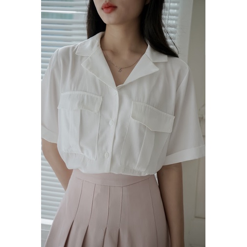 Áo sơ mi nữ côc tay cổ vest túi hộp Anya [ Méo Shop ]
