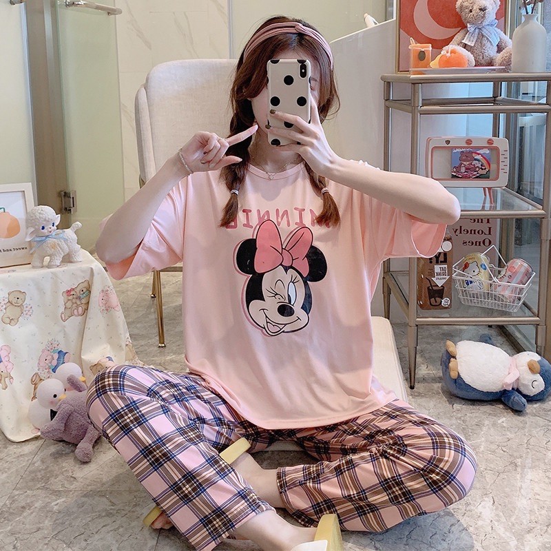 Bộ ngủ pijama nữ ngắn tay quần kẻ nhiều màu | BigBuy360 - bigbuy360.vn