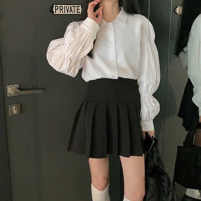 Kumivn order set 2 món áo sơ mi và chân váy xếp ly đen trắng ulzzang Hàn Quốc