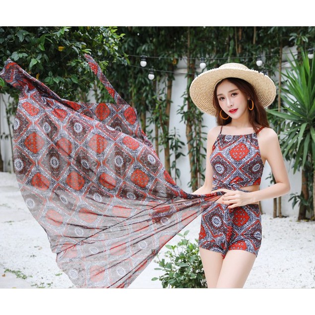 Đồ bơi nữ kín đáo 💝QUEEN BIKINI💝 Bikini đi biển Quảng châu 3 mảnh có khăn choàng họa tiết BIK001 | BigBuy360 - bigbuy360.vn