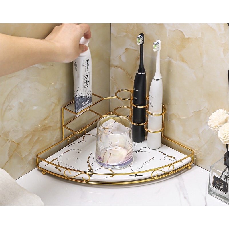 Kệ Góc Để Đồ Dùng, Mỹ Phẩm Có Khay Bằng Sứ Vân Đá Sang Trọng