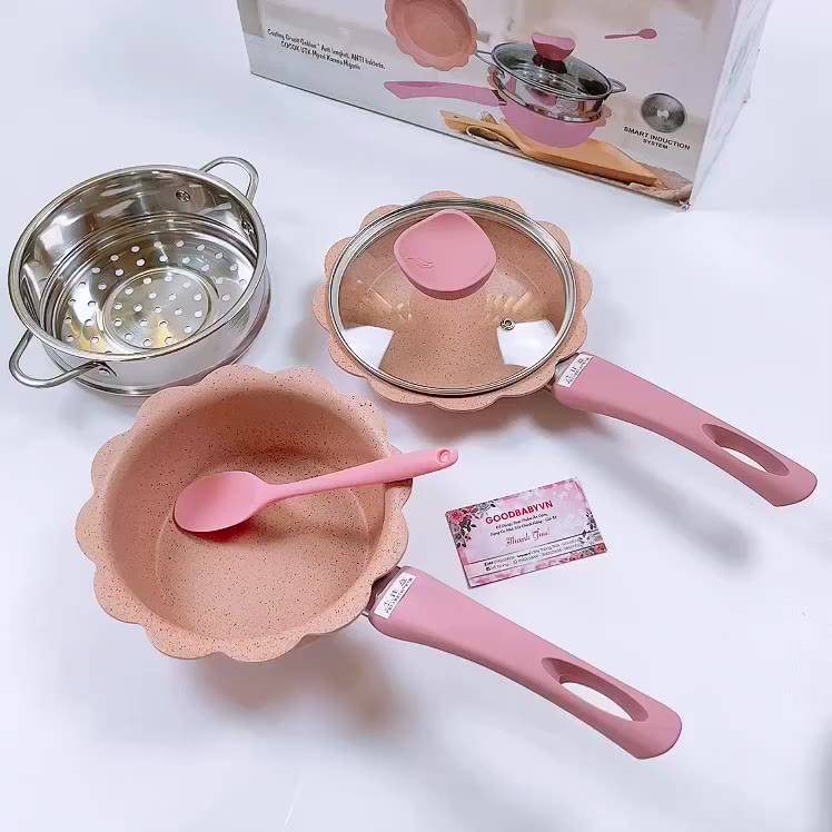 Bộ Nồi Chảo Đá Tráng Men Nấu Đồ Ăn Dặm Cho Bé, Đi Kèm Giá Hấp