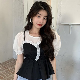 Áo kiểu phối yếm đen trắng thắt eo🎀