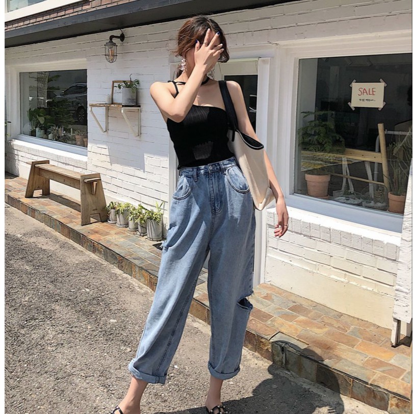 Quần jean nữ denim ống rộng suông lưng cạp cao form rộng chất đẹp Emilyshop ulzzang