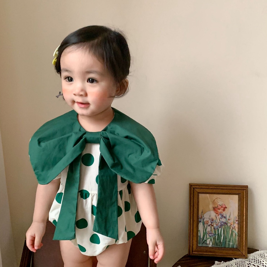 Baby Girl Jumpsuit 2022 Summer Korean Style Baby Girl Polka Dot Chest Big Bowknot Bag Fart Romper WjVg