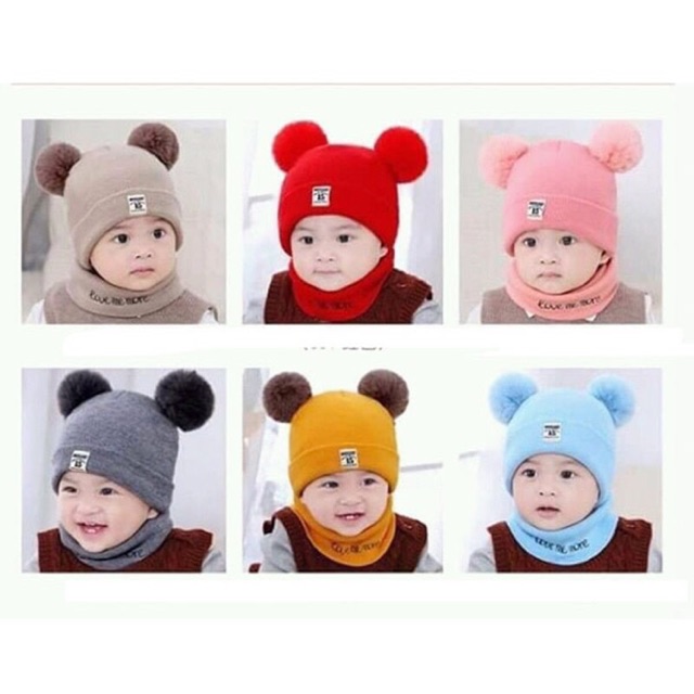 Set mũ len quả bông kèm khăn cho bé
