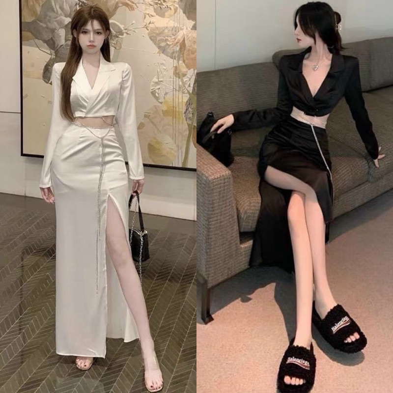 Set áo vest phi ngắn tay dài dây đá + chân váy ôm body xẻ đùi trắng đen đỏ sang trọng quyến rũ quý phái, đầm dự tiệc