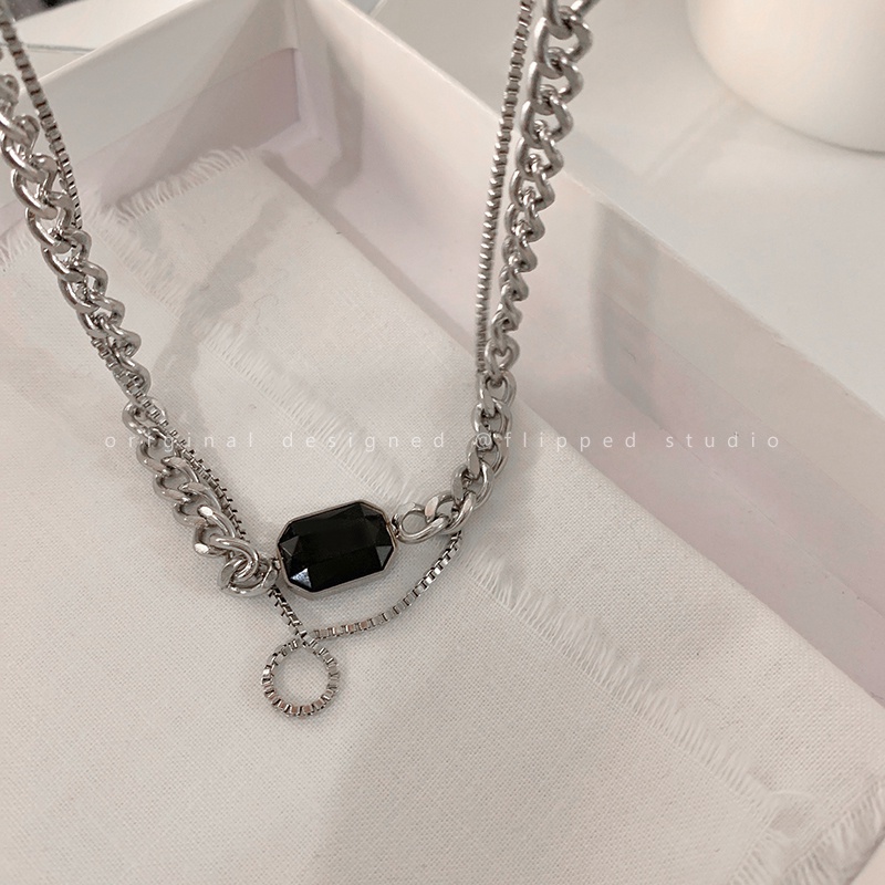 Vòng cổ Thép Titan Màu Đen Hai Lớp Phong Cách hip hop Thời Trang