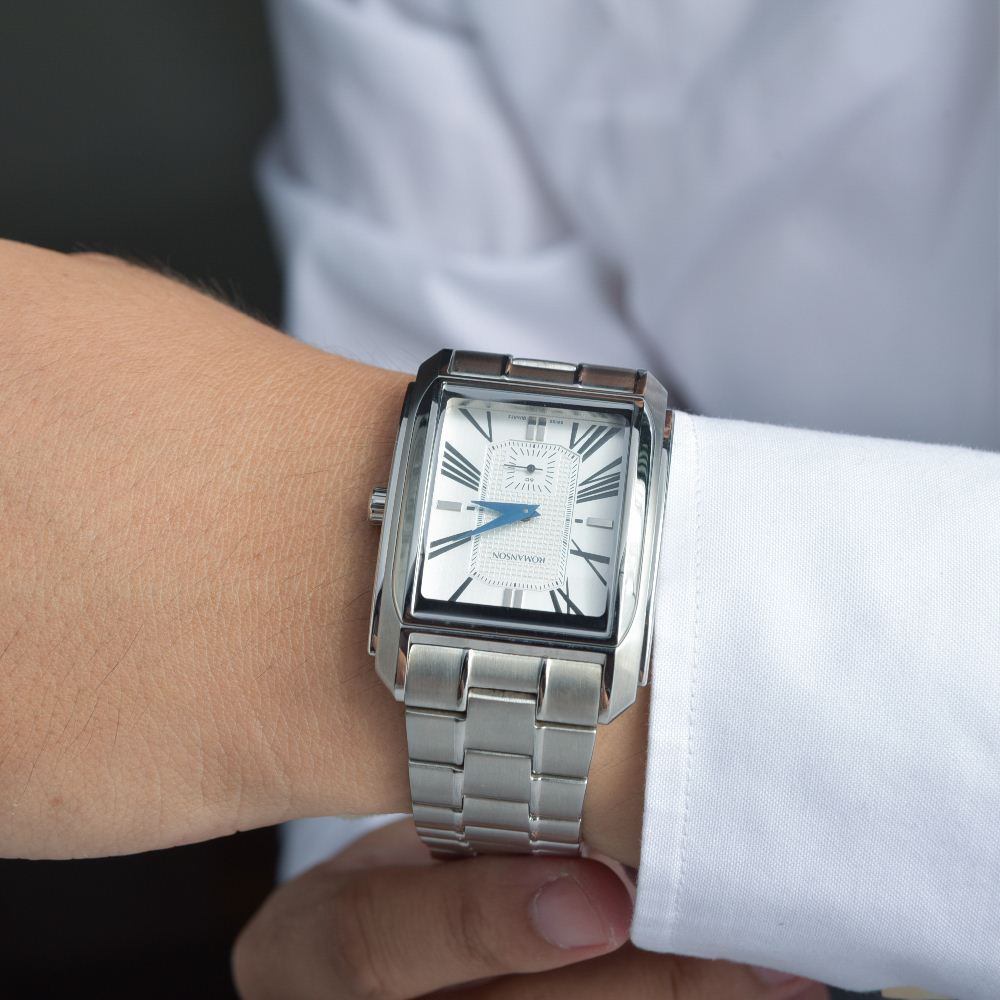 Đồng hồ Romanson Men Watch TM2629JMWWH nam mặt chữ nhật, máy Thụy Sĩ, kính chống xước, dây thép cao cấp chính hãng