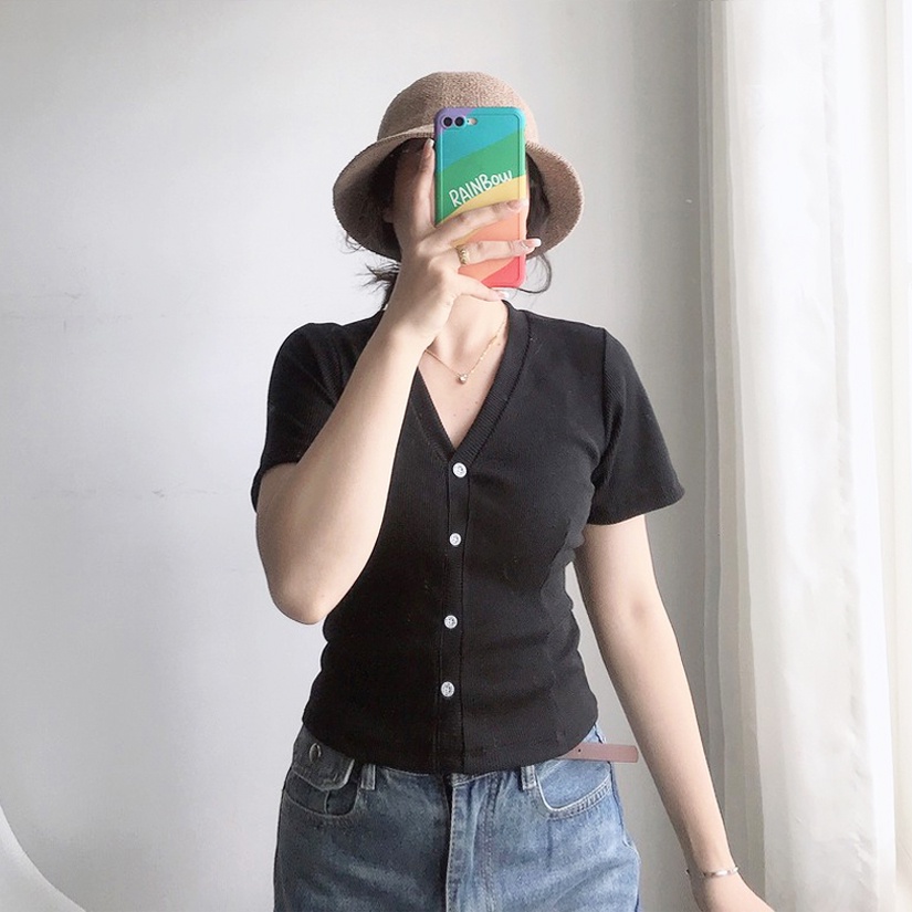 Áo thun gân tăm cổ chữ V nữ tay ngắn MADELA dáng ôm có bigsiz, croptop thun cổ tim dày dặn siêu tôn dáng có bigsize&lt;65kg