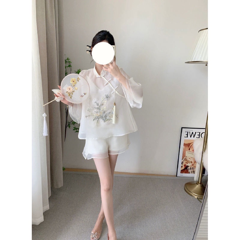 Set Áo Thun Ngắn Tay Thêu Họa Tiết + Quần Short Lưng Cao Ống Rộng Phong Cách Trung Hoa Thời Trang Mùa Hè Hàng Mới Dành Cho Bạn Nữ