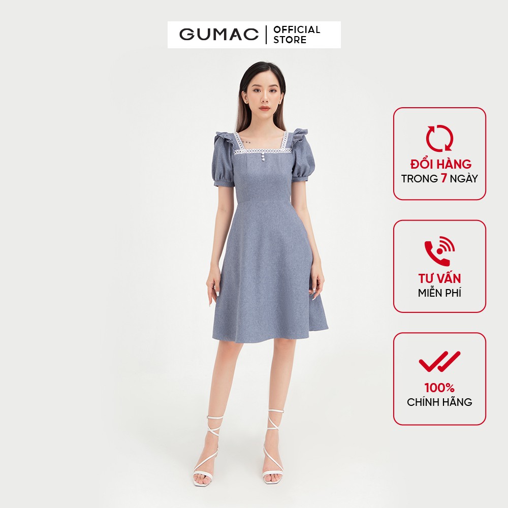 [Mã MABR07062 giảm 8% tối đa 50K đơn từ 249K] Đầm chữ A nữ cổ vuông GUMAC phong cách công sở, thanh lịch màu xanh DB439 | BigBuy360 - bigbuy360.vn