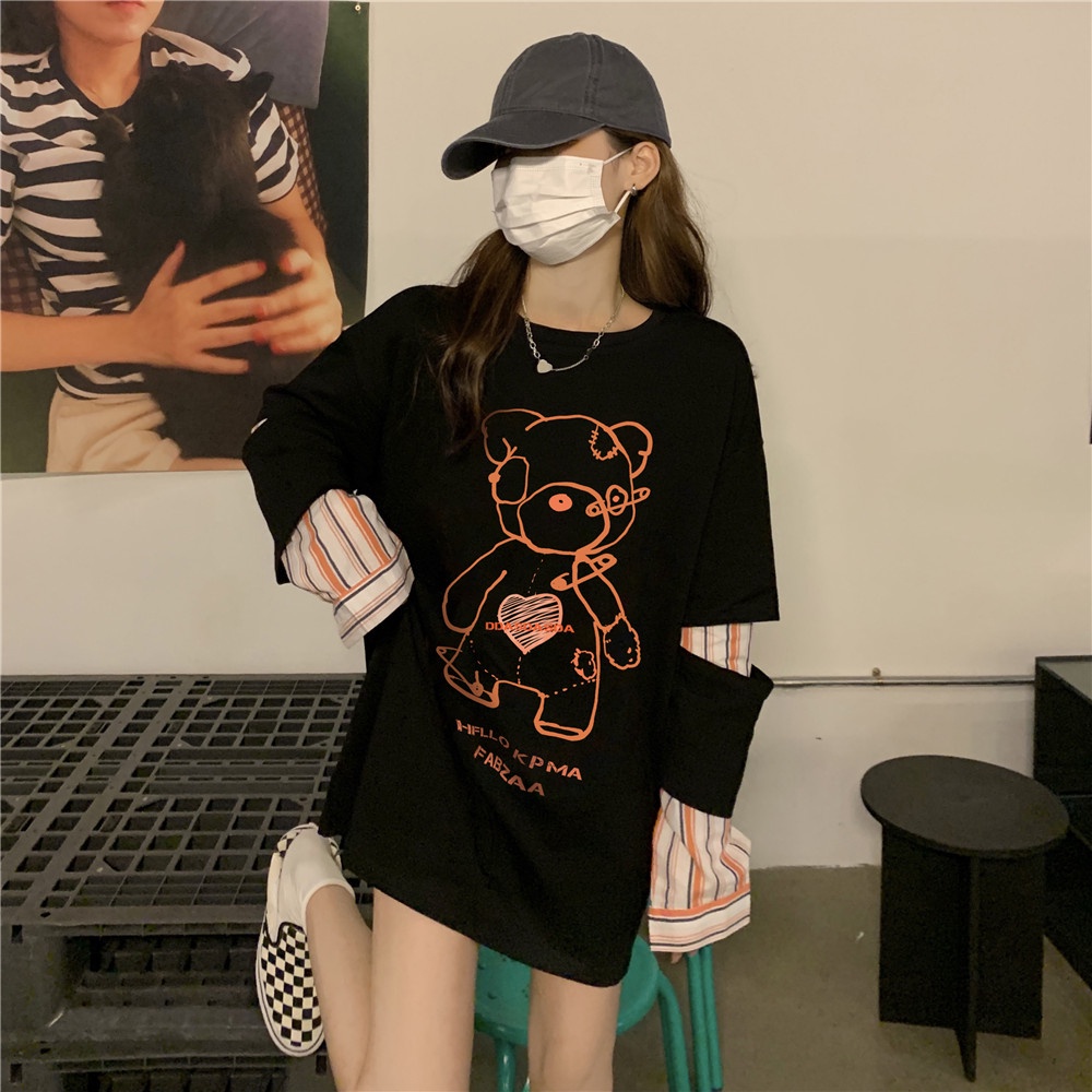 Áo sweatshirt ZHELIHANGFEI cổ tròn tay dài giả hai lớp in họa tiết gấu hoạt hình thời trang cao cấp