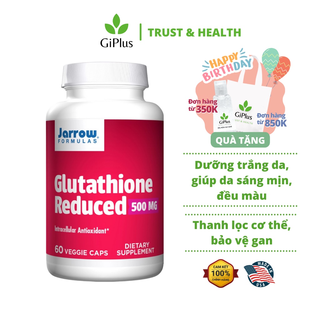 Viên Uống Trắng Da, Ngăn Ngừa Lão Hóa Jarrow Formulas Glutathione Reduced 500mg (60 Viên/Lọ)