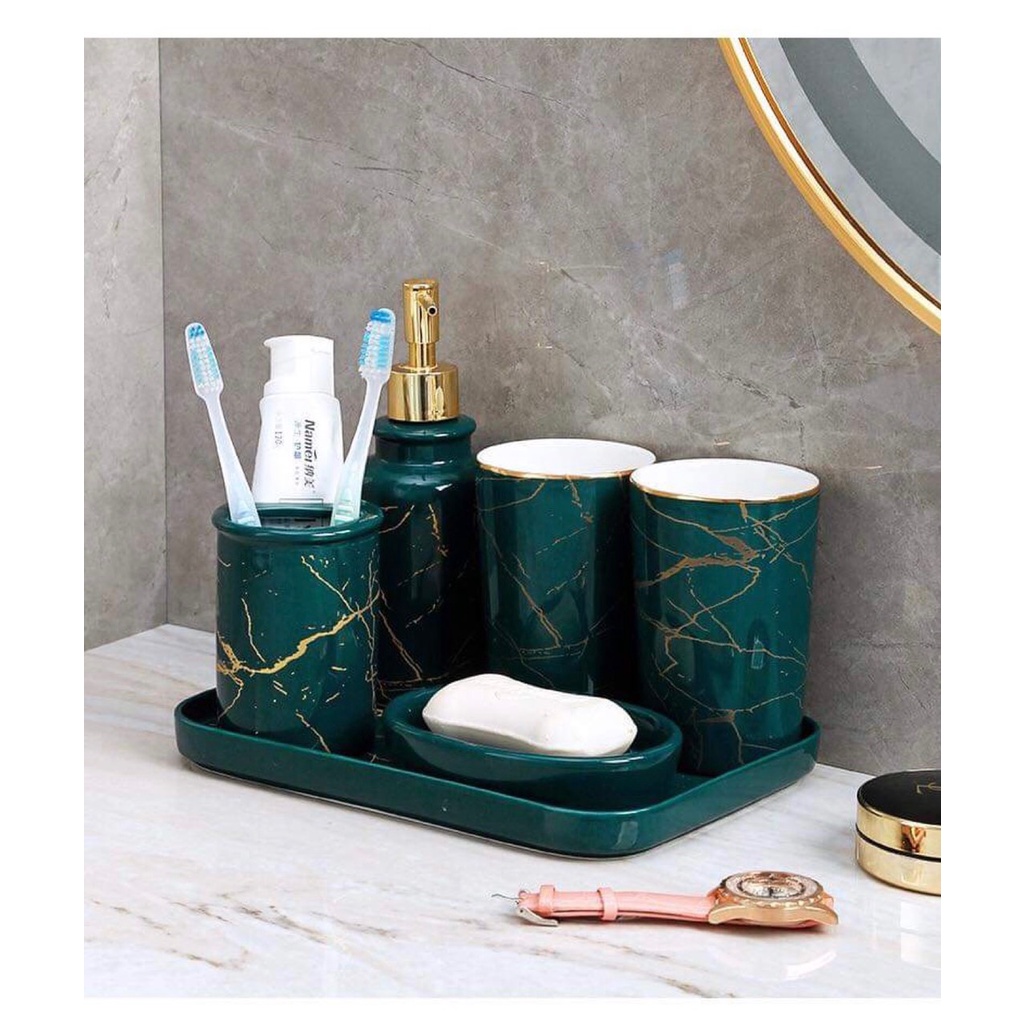 Bộ đồ dùng nhà tắm, phòng tắm 5 món gốm sứ cao cấp hình đầu hươu phong cách Bắc Âu màu xanh