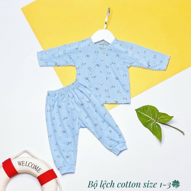 Bộ Quần Áo Dài Sơ Sinh Leelee Kid Cúc Lệch, Vải Cotton Màu Họa Tiết