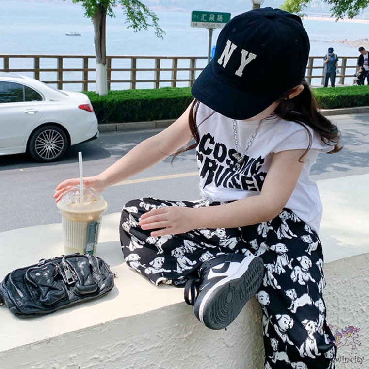 Bộ Áo Sát Nách In Chữ + Quần Thiết Kế Hoạt Hình Phong Cách Hàn Quốc Cho Bé Gái