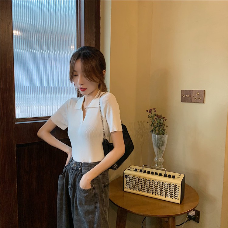 (ORDER) Áo len tăm dệt kim cộc tay cổ bẻ POLO ôm dáng thon gọn sang chảnh Hàn Quốc | BigBuy360 - bigbuy360.vn