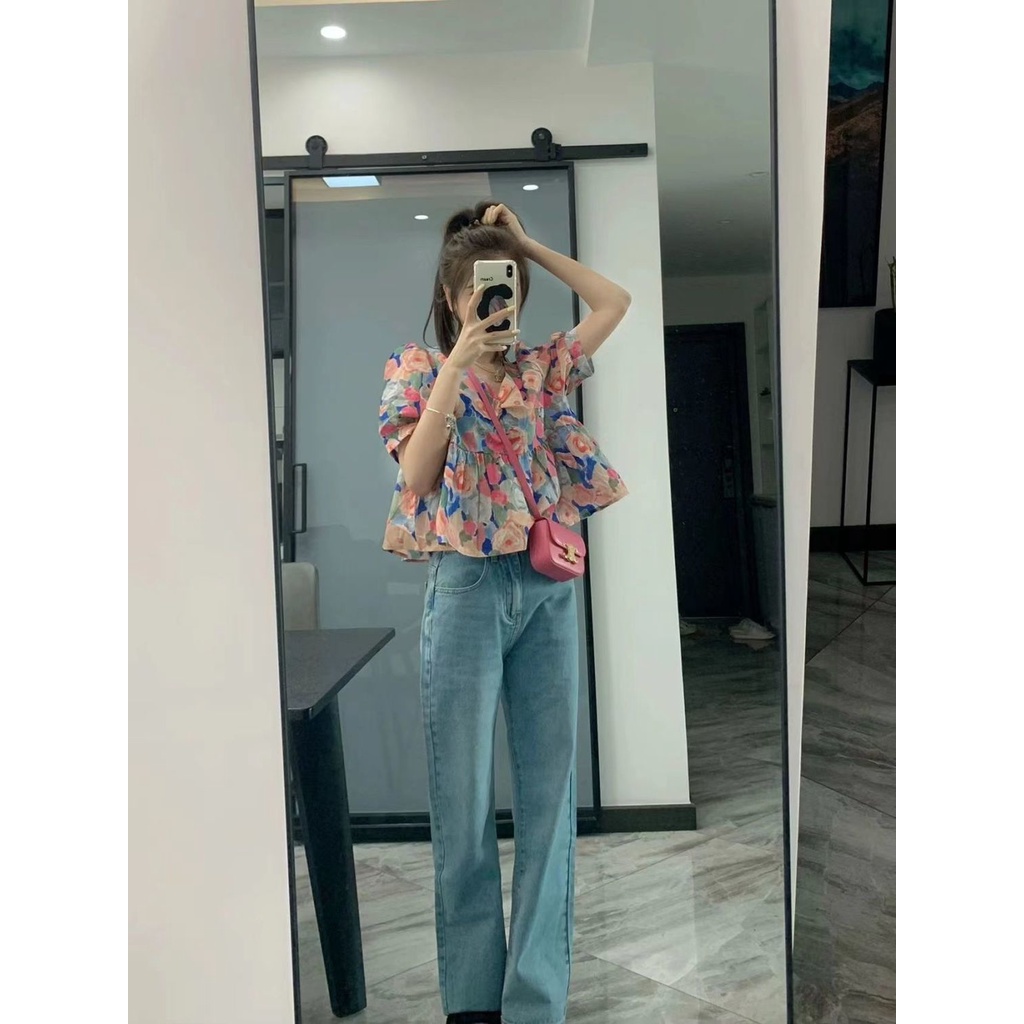 Áo Kiểu Nữ Cổ Chữ V Tay Phồng In Hoa Phong Cách Pháp Thời Trang