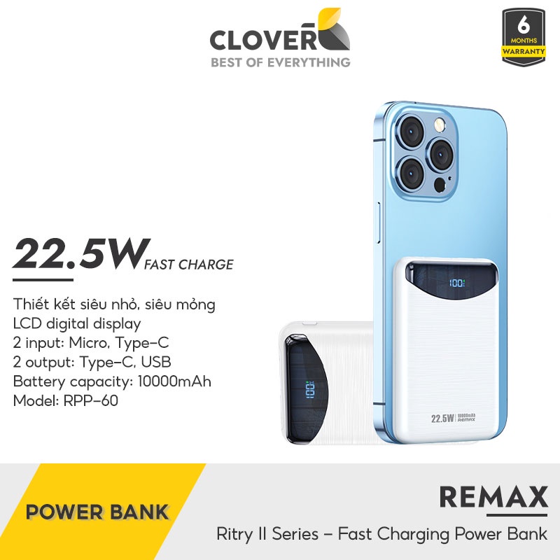 Pin Dự Phòng 10000mah Remax Rpp-60 Nhỏ Gọn Sạc Nhanh 22.5w Màn Hình Led Báo Pin Sạc 2 Thiết Bị Cùng Lúc Cho Ip13 Samsung